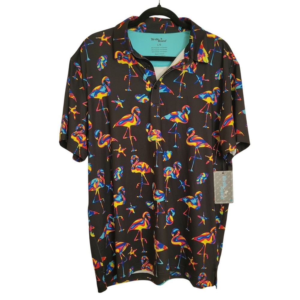 NWT Birdie Bound Mens Large Black Psychedelic Flamingo Performance Golf Polo